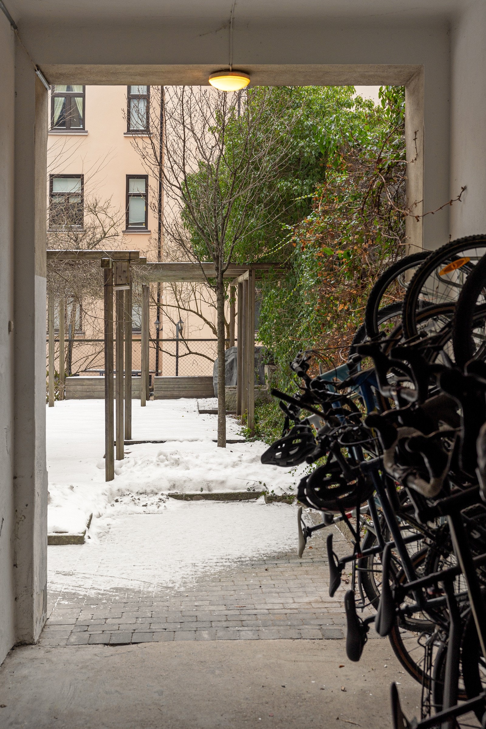 Adkomst via portrom til felles bakgård. Sykkelparkering i gårdsrommet. Galleribilde