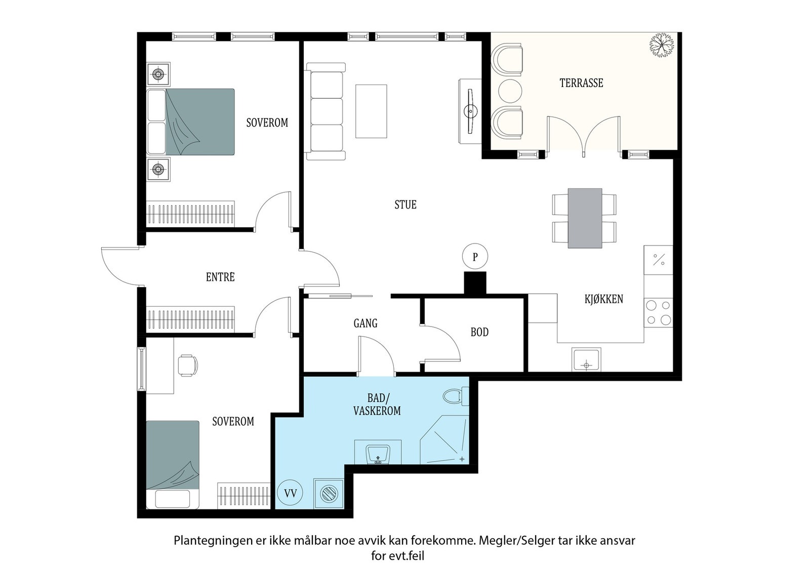 Plantegning. Leiligheten ligger i underetasjen og består av entré, 2 soverom, bad/wc/vaskerom, bod, stue md peis og kjøkken. Galleribilde