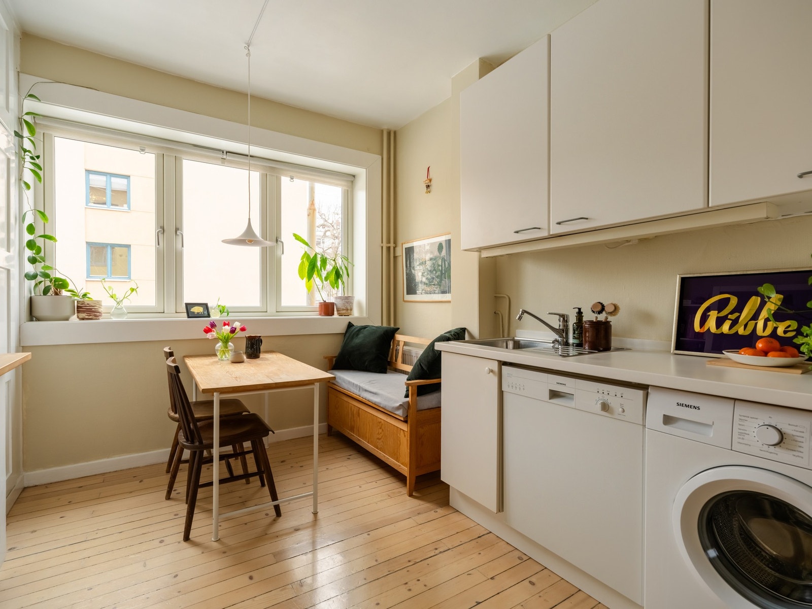 På denne siden er innredningen noe nyere, med plass til oppvaskmaskin, vaskemaskin og frittstående kjøleskap. Galleribilde