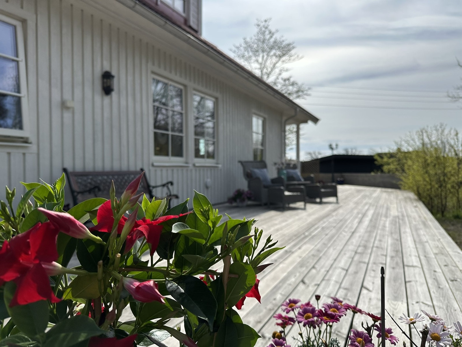 Terrasseplattingen er på hele 166 kvm og strekker seg rundt 3 sider av boligen. Galleribilde