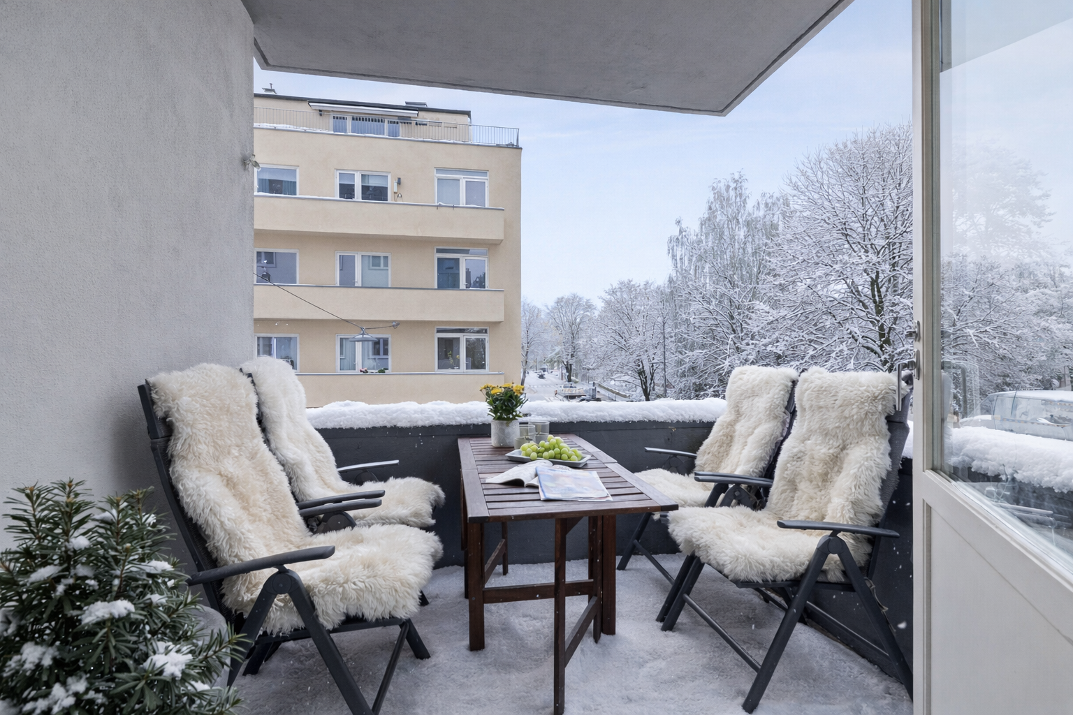 Hyggelig balkong på 6 kvm. Sommerstid er det morgensol og kveldssol. AI generert. Galleribilde