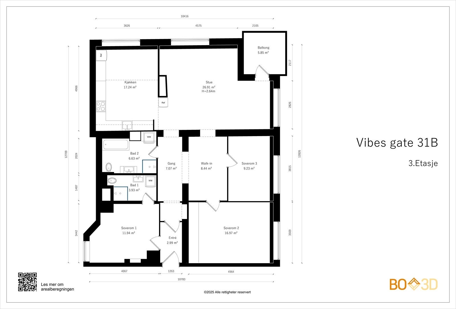 3.etg inneholder: entré, 3 soverom, 2 bad, garderobe, kjøkken med spiseplass og stue med utgang balkong. Galleribilde