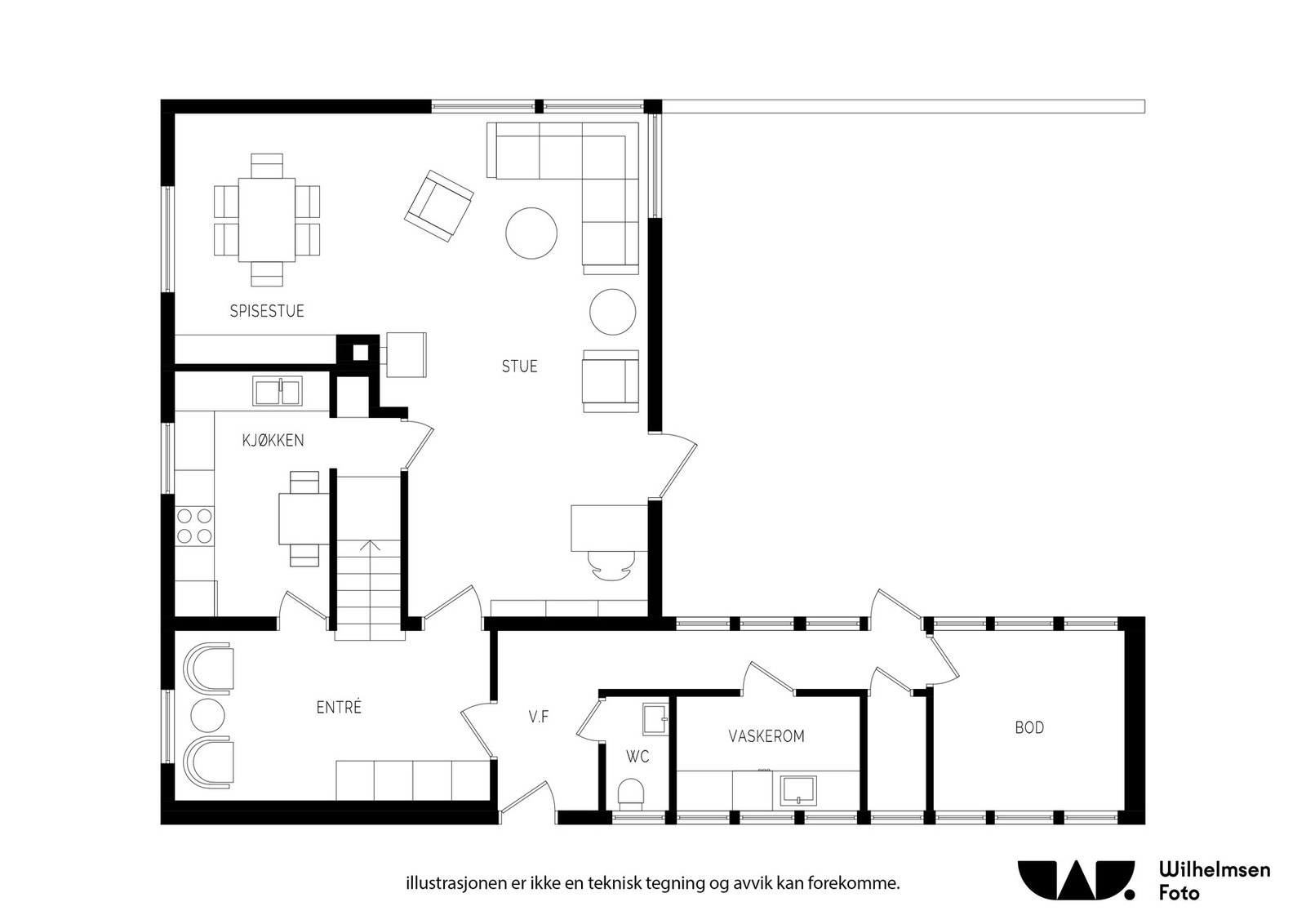 Hovedplan - med smart godkjent tilbygg.
Lettvegg mellom kjøkken og spisestue Galleribilde
