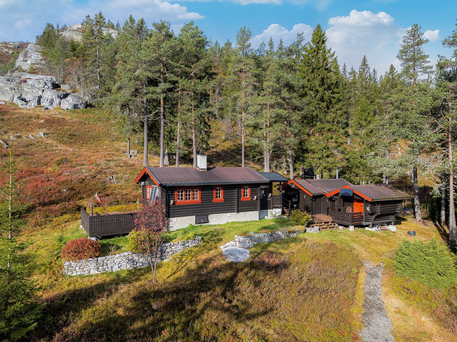 Hytta fremstår som en koselig tømmerhytte fra 1975 beliggende på et lite hyttetun med stabbur og uthus.
Hytta er utstyrt med solcellepanel fra 2018, sommervann til vegg og snurredo. Galleribilde