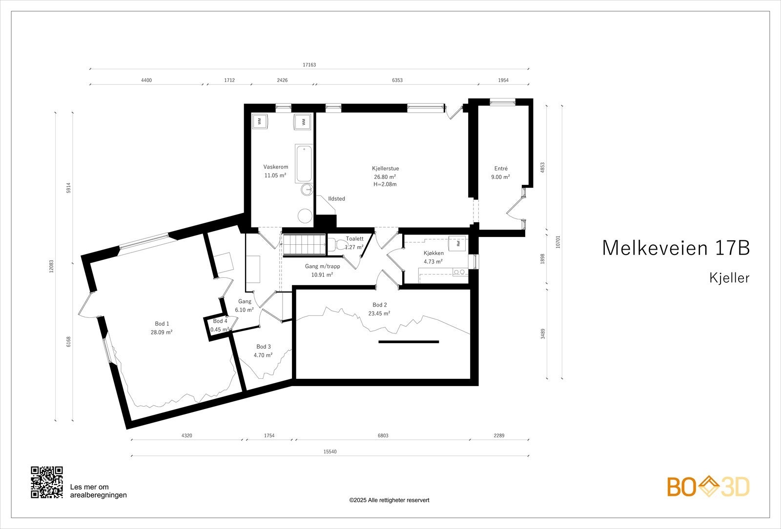 Kjeller inneholder: Gang m/trapp, toalett, kjellerstue, kjøkken, vaskerom, 4 boder og entré. Ingen av rommene i kjelleren er godkjent til varig opphold. Galleribilde