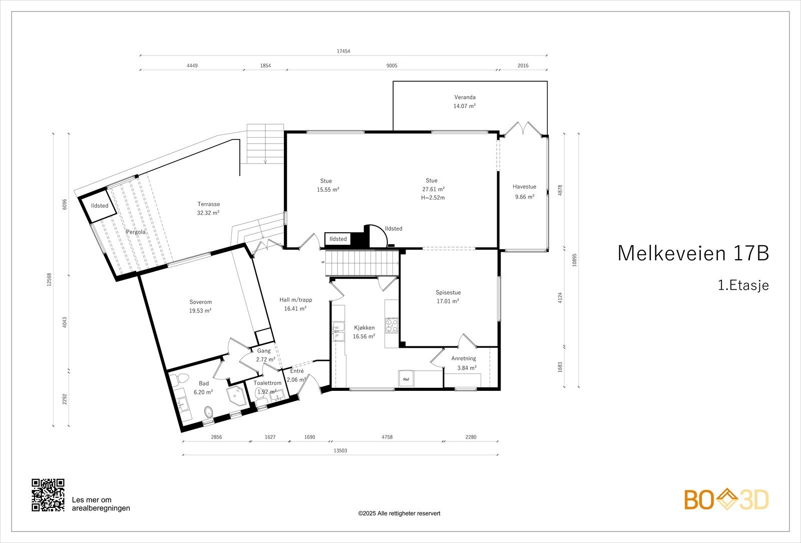 1.etg. inneholder Entré, hall med utgang terrasse og trapp opp til 2.etg, stue, havestue med utgang veranda, spisestue, anretning kjøkken med adkomst kjeller, soverom, gang, bad, toalett. Galleribilde