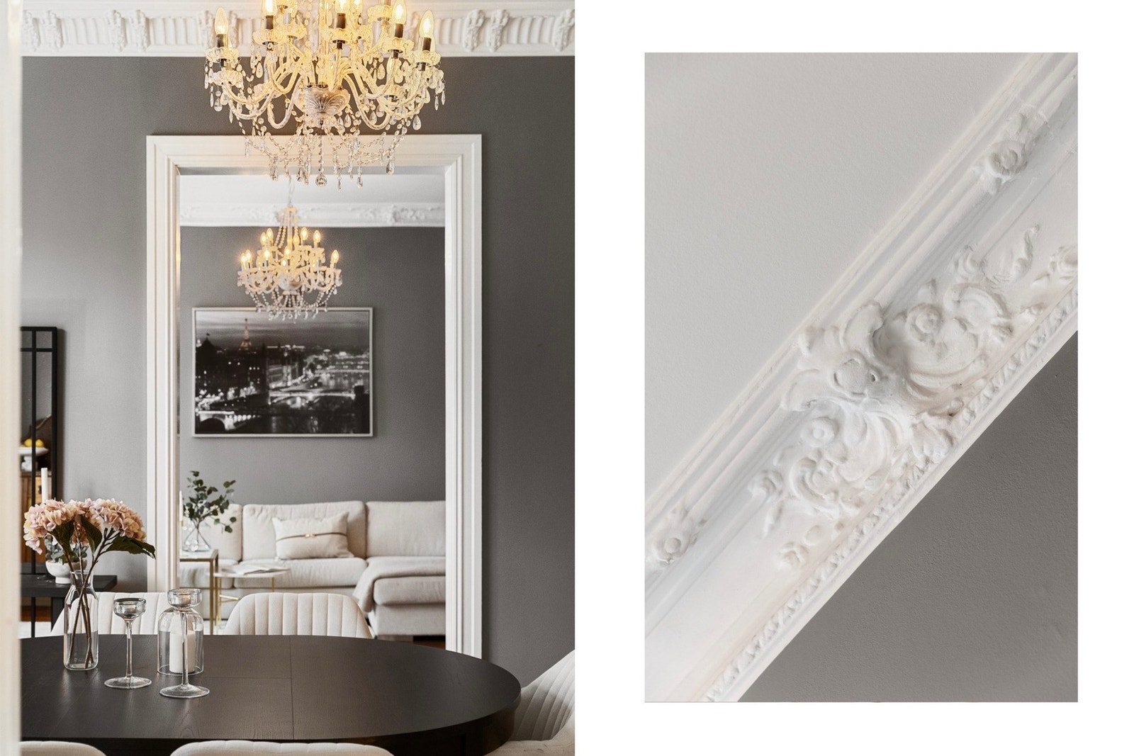 Originale detaljer som stukkatur, takrosett og god takhøyde er pent bevart og gir boligen et tidløst og elegant preg. Galleribilde