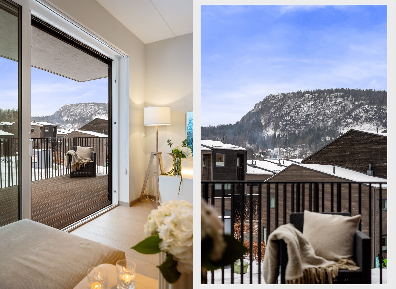 Den flotte utsikten til Skaugumsåsen kan nytes både fra balkongen og fra stuen. Galleribilde