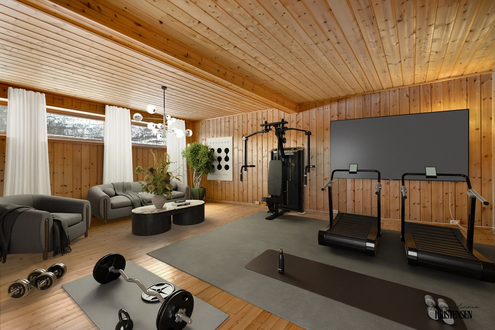 Kjellerrom har mange muligheter. Inspirasjonskilde som viser hvordan rommet enkelt kan innredes moderne og hyggelig (Digital møblering) Galleribilde