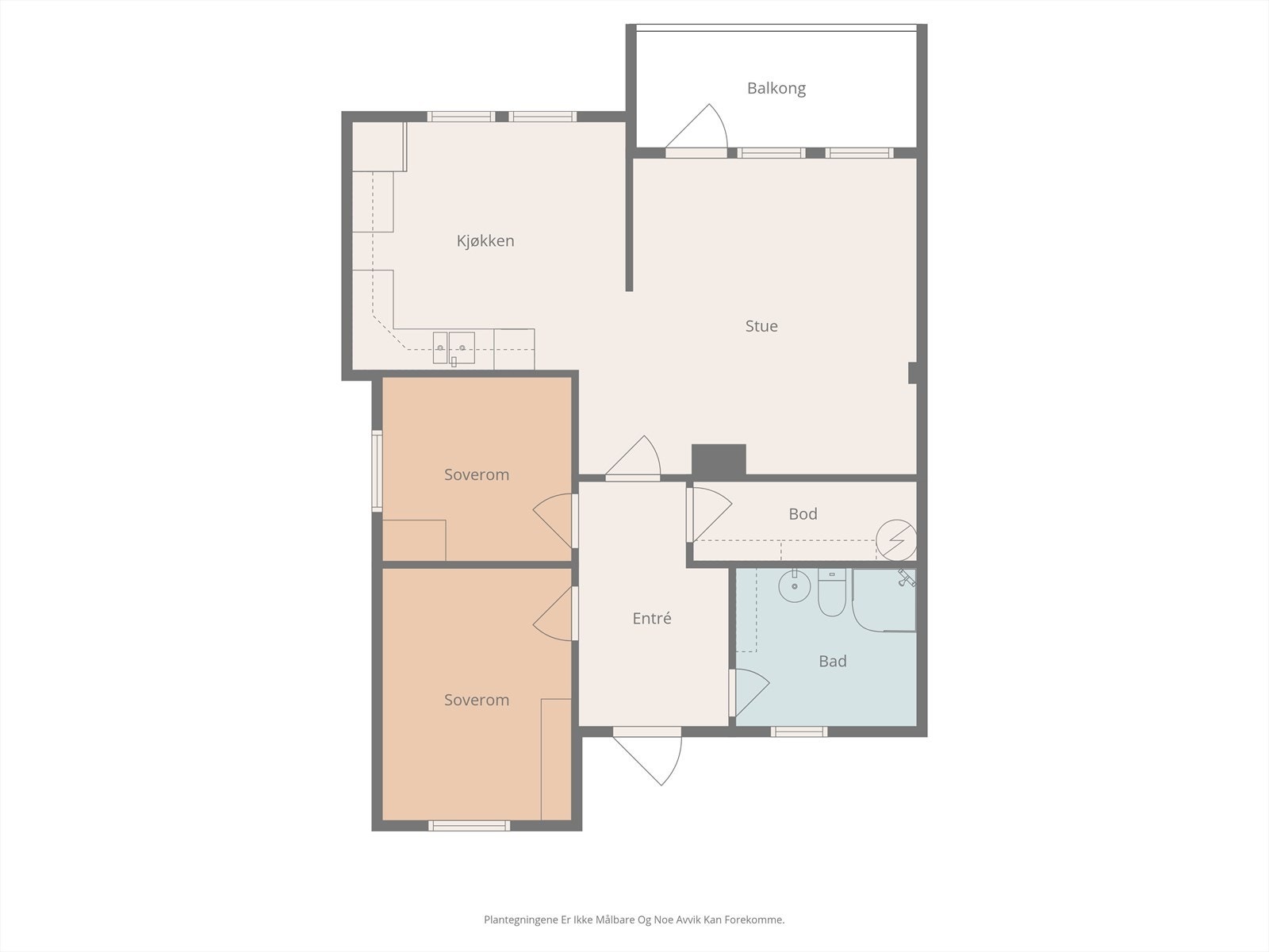 Leiligheten har en svært praktisk planløsning med romslig stue/kjøkken og utgang til overbygd terrasse, entre/gang, 2 soverom, bad og innvendig bod samt en utvendig bod like ved inngangsparti. Galleribilde