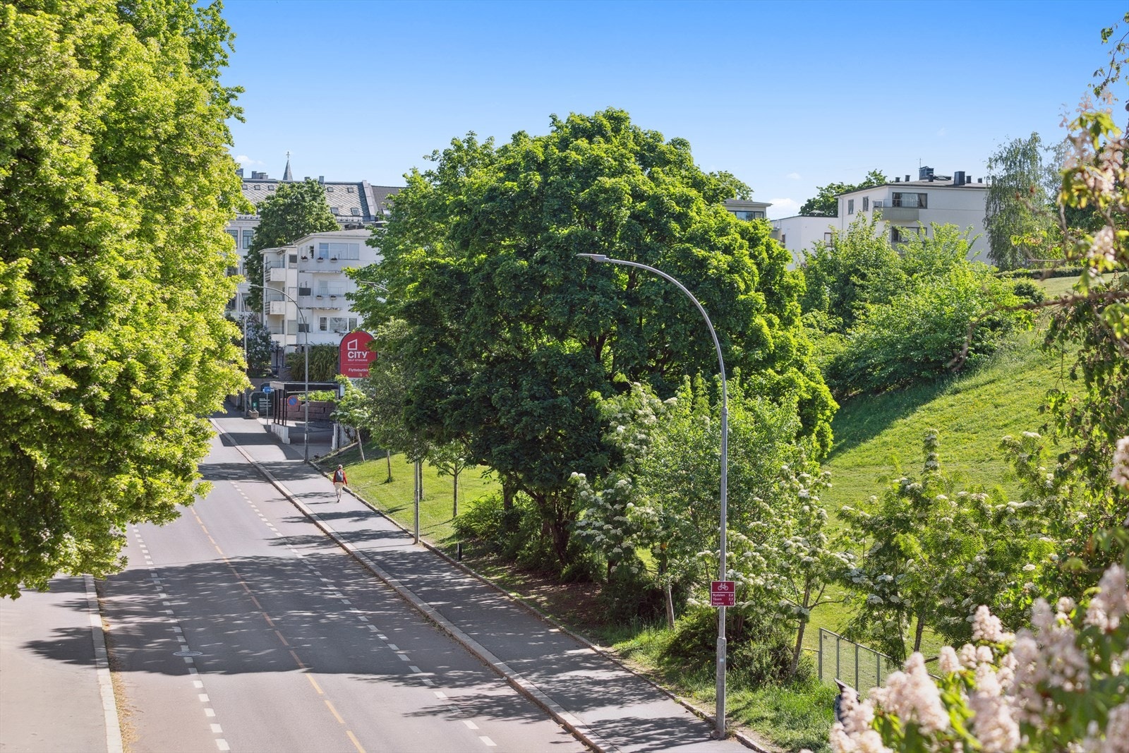 Sommerutsikt fra stuen med frodige omgivelser og gode lysforhold som gir rommet en åpen og trivelig følelse. Galleribilde