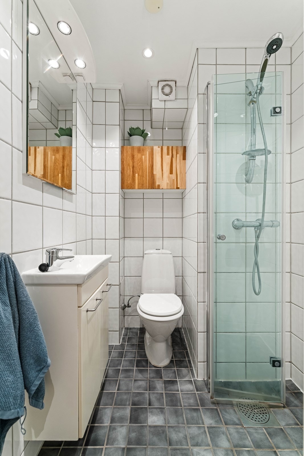 Bådet inneholder: servant, benkeskap med glatte fronter, dusj med innfellbare dører og gulvstående klosett Galleribilde