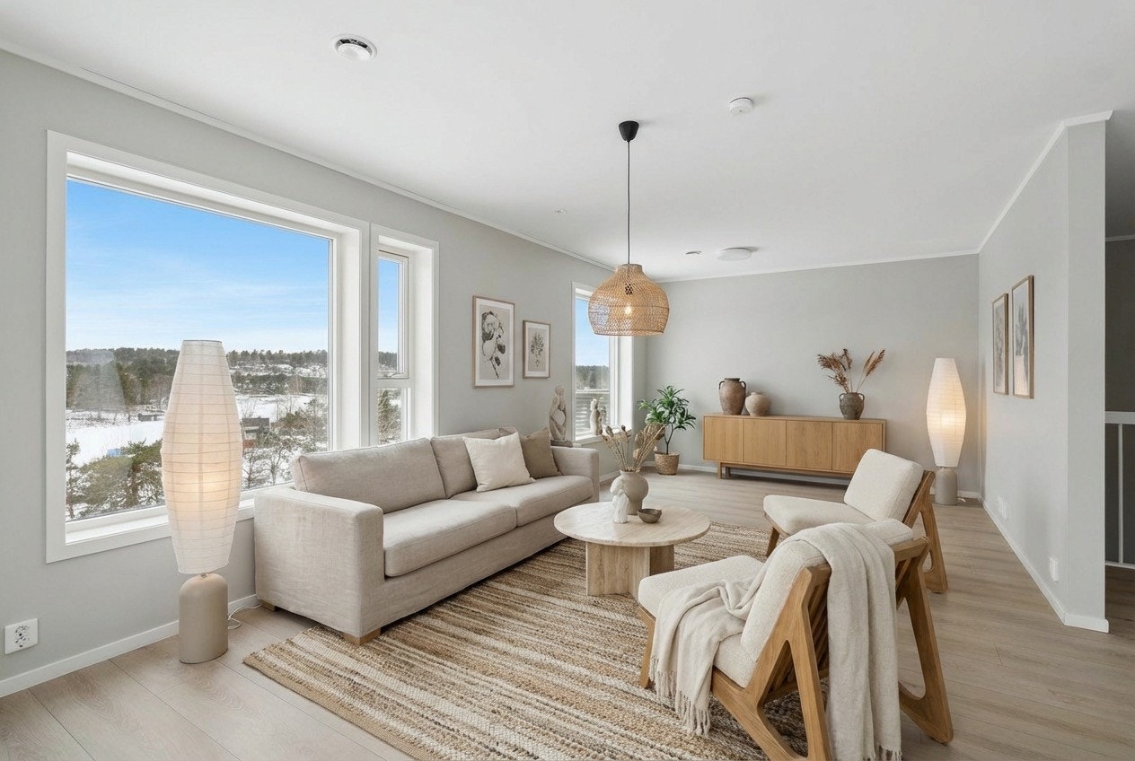 Selger har AI generert dette bildet med innredning og styling. Bildet som ikke er AI generert er også i annonsen. Galleribilde