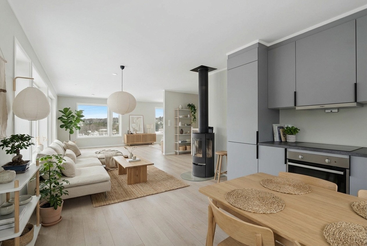 Selger har AI generert dette bildet med innredning og styling. Bildet som ikke er AI generert er også i annonsen. Galleribilde