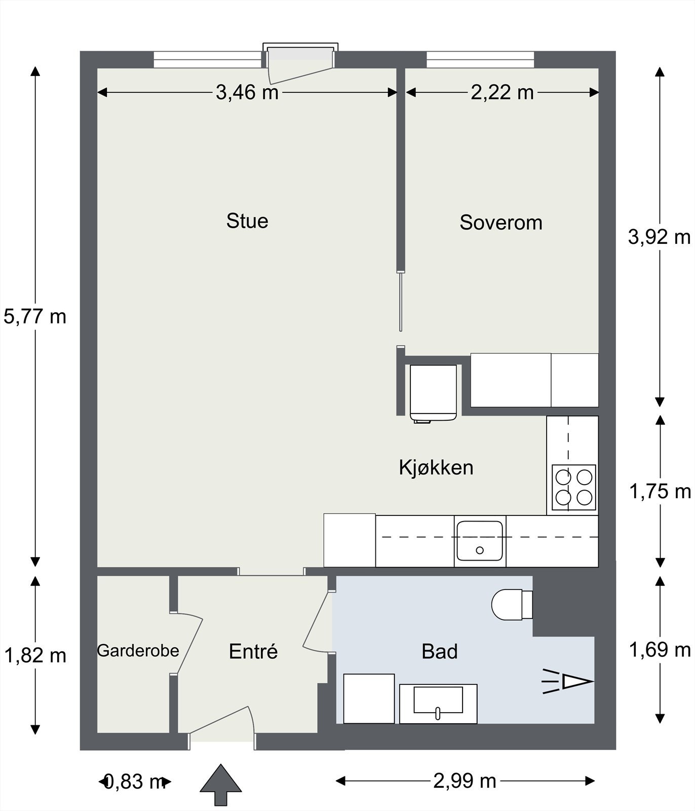 Plantegningen. Meget smart planløsning som har naturlig plass for spisebord, sofaseksjon og tilhørende tv-møblement, oppbevaring på soverommet og en meget praktisk innvendig bod/garderobe ved entréen. Badet er av den gode størrelsen. Galleribilde