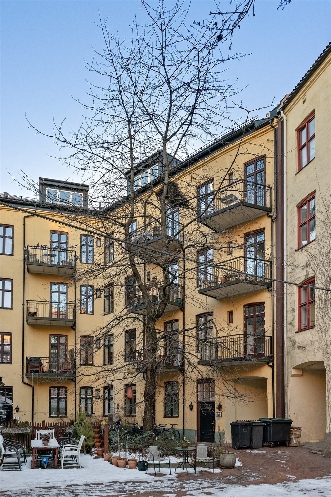 Skjermet og hyggelig bakgård som om sommeren forvandles til et grønt rolig gårdsrom. Galleribilde