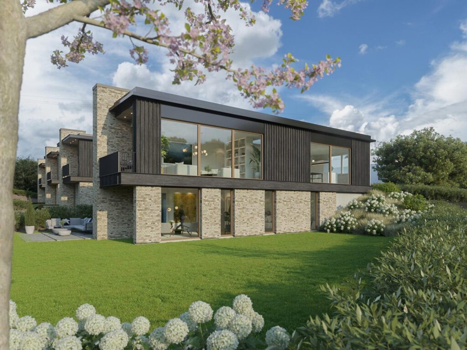 Bilde av hus D. Huset vi presenterer er hus A, det er beliggende i motsatt ende. Bildet er ment som illustrasjon avvik kan forekomme. Se leveranse/materialvalg i egen oversikt i salgsoppgaven. Galleribilde