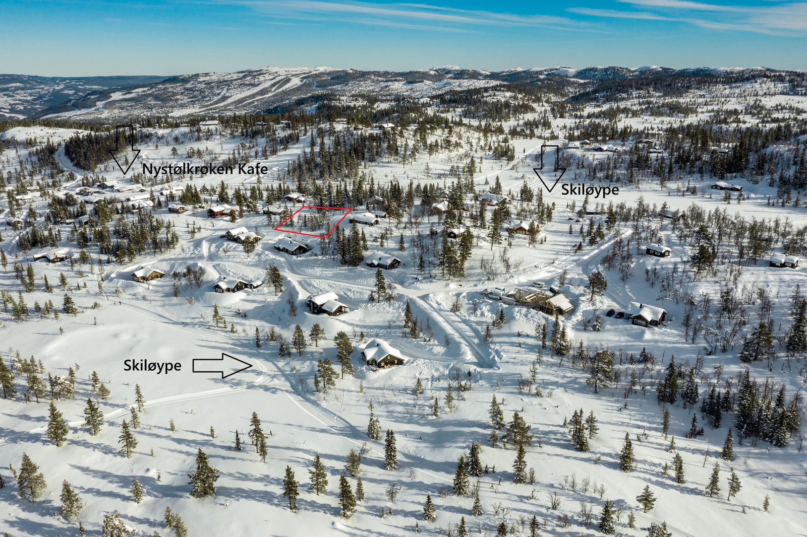 Langrennsløyper er markert i kartet. Løypa som går ut fra Nystølkroken Kafe er Nesfjellets hovedskiløype Galleribilde
