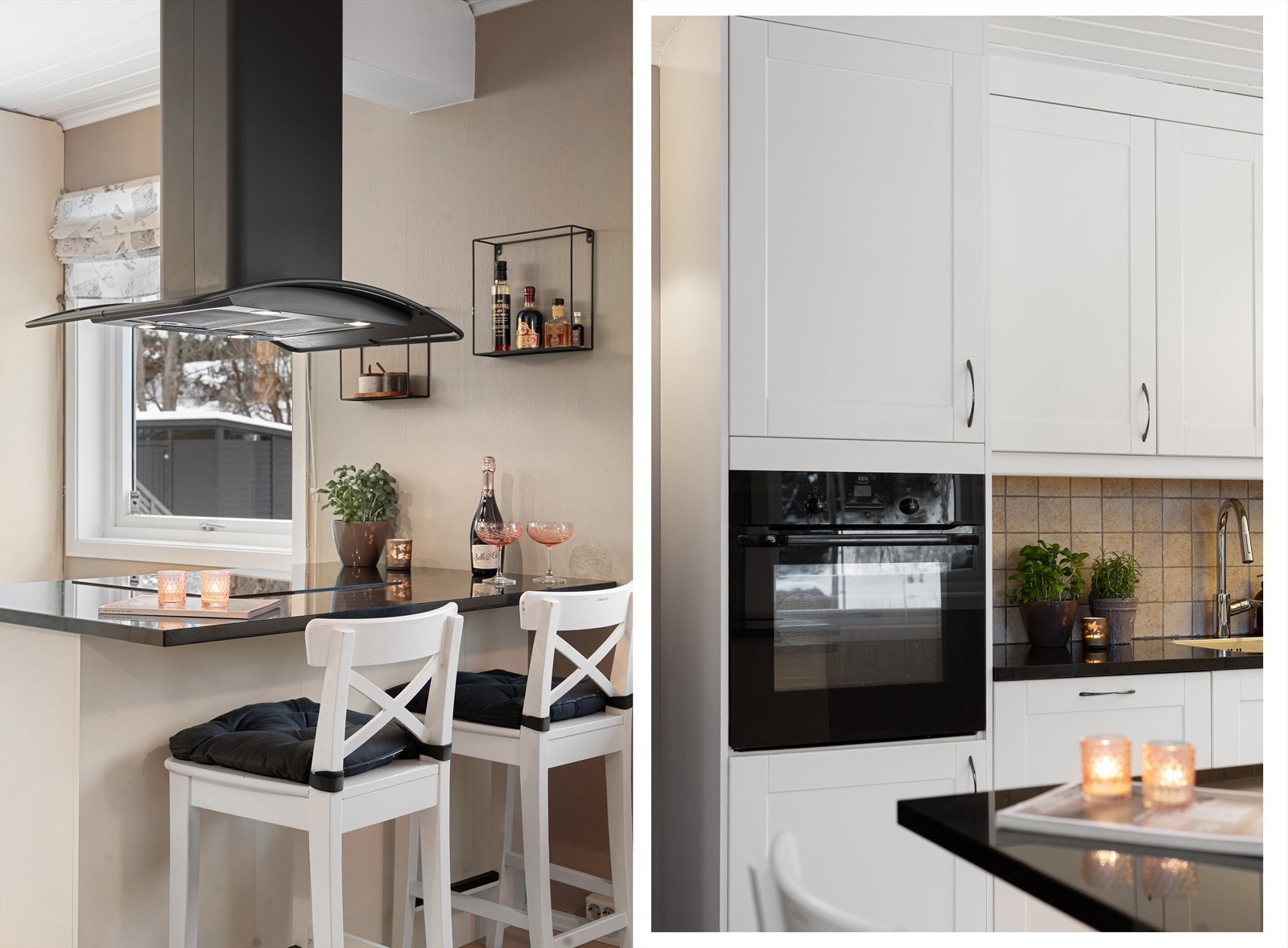 Hyggelig og sosialt kjøkken med steinplate med nedfelt koketopp og kjøkkenøy med barstoler. Galleribilde