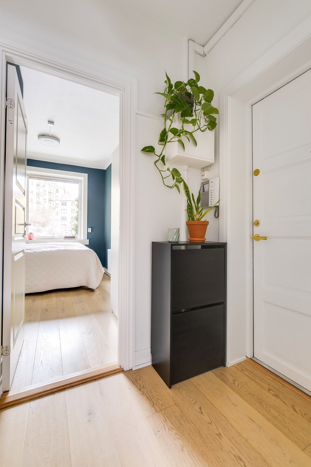 Innbydende og lys entre med plass til å henge fra seg ytterklær og sko. Galleribilde