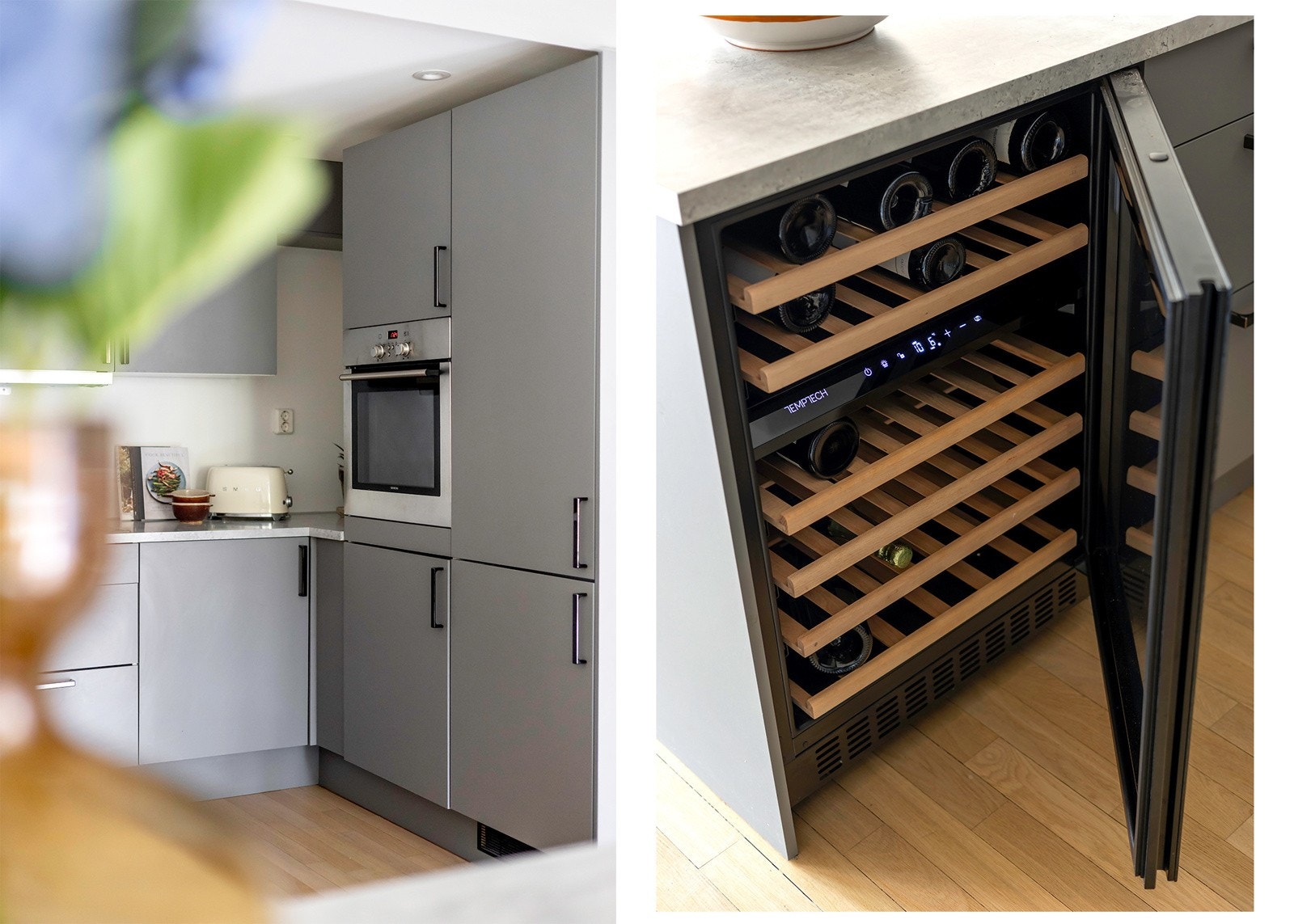 Platetopp, stekeovn, oppvaskmaskin, Temptech vinskap, kjøl- og fryseskap er integrert i innredningen og medfølger handelen Galleribilde