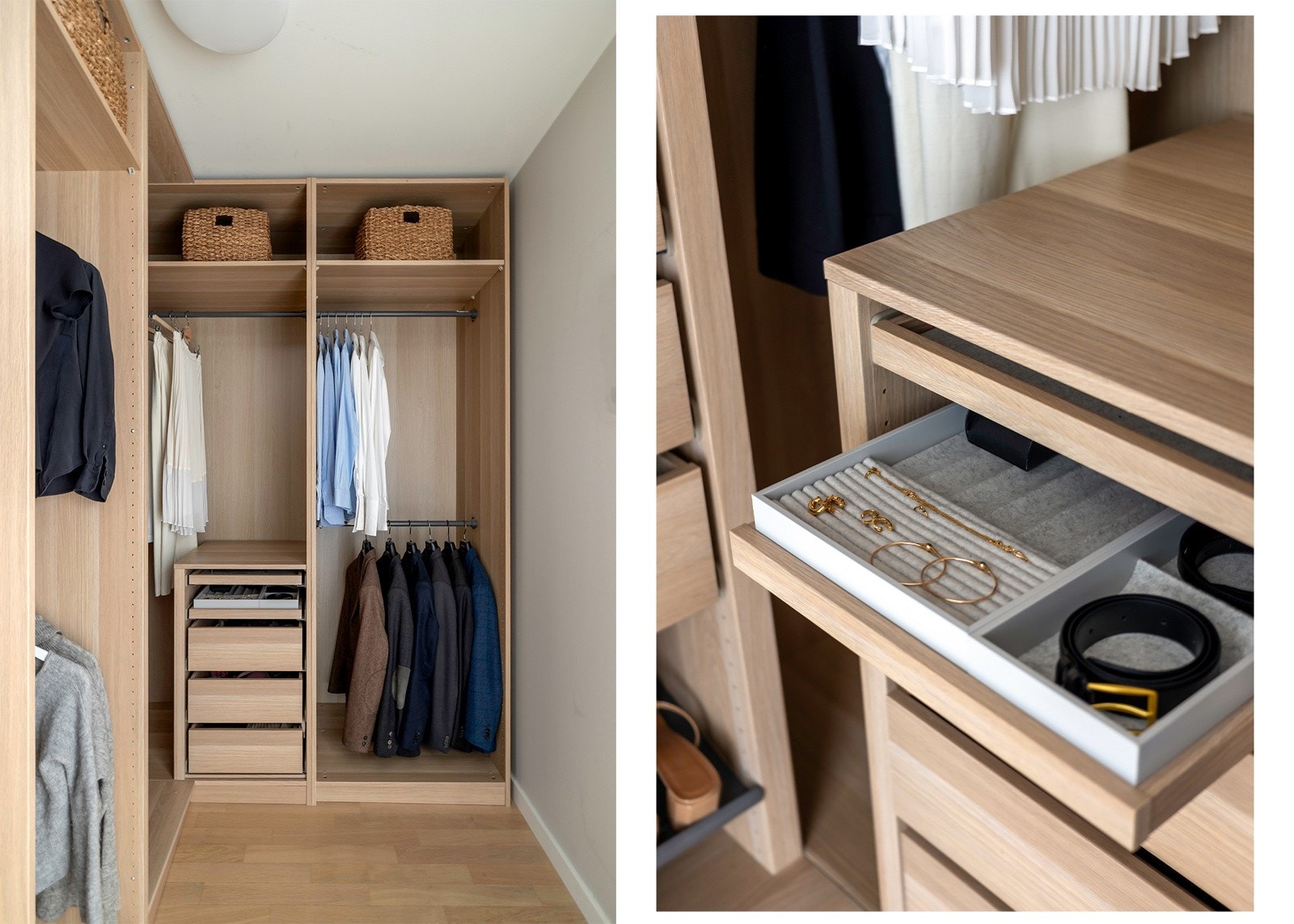 Innredningen har åpne garderobestammer med hyller, skuffer og oppheng Galleribilde