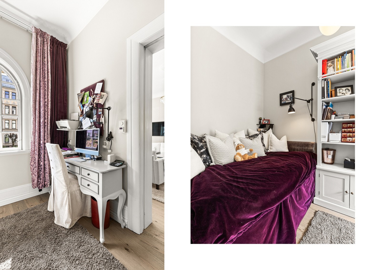 Klassisk garderobeskap med åpne hyller og skapdører som kombinerer praktisk oppbevaring med tidløs eleganse. Rommet har også plass til både seng og eget arbeidsområde. Galleribilde