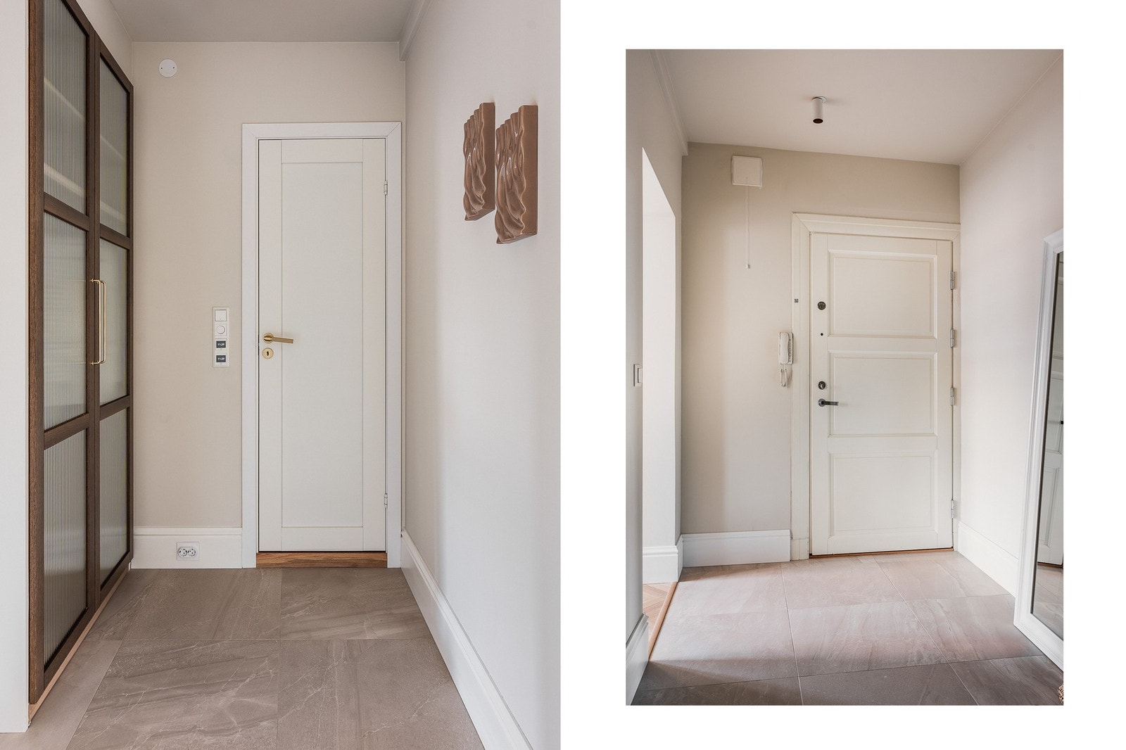 Stilren entré med italienske kvalitetsfliser og varmekabler - en elegant og praktisk velkomstsone. Galleribilde