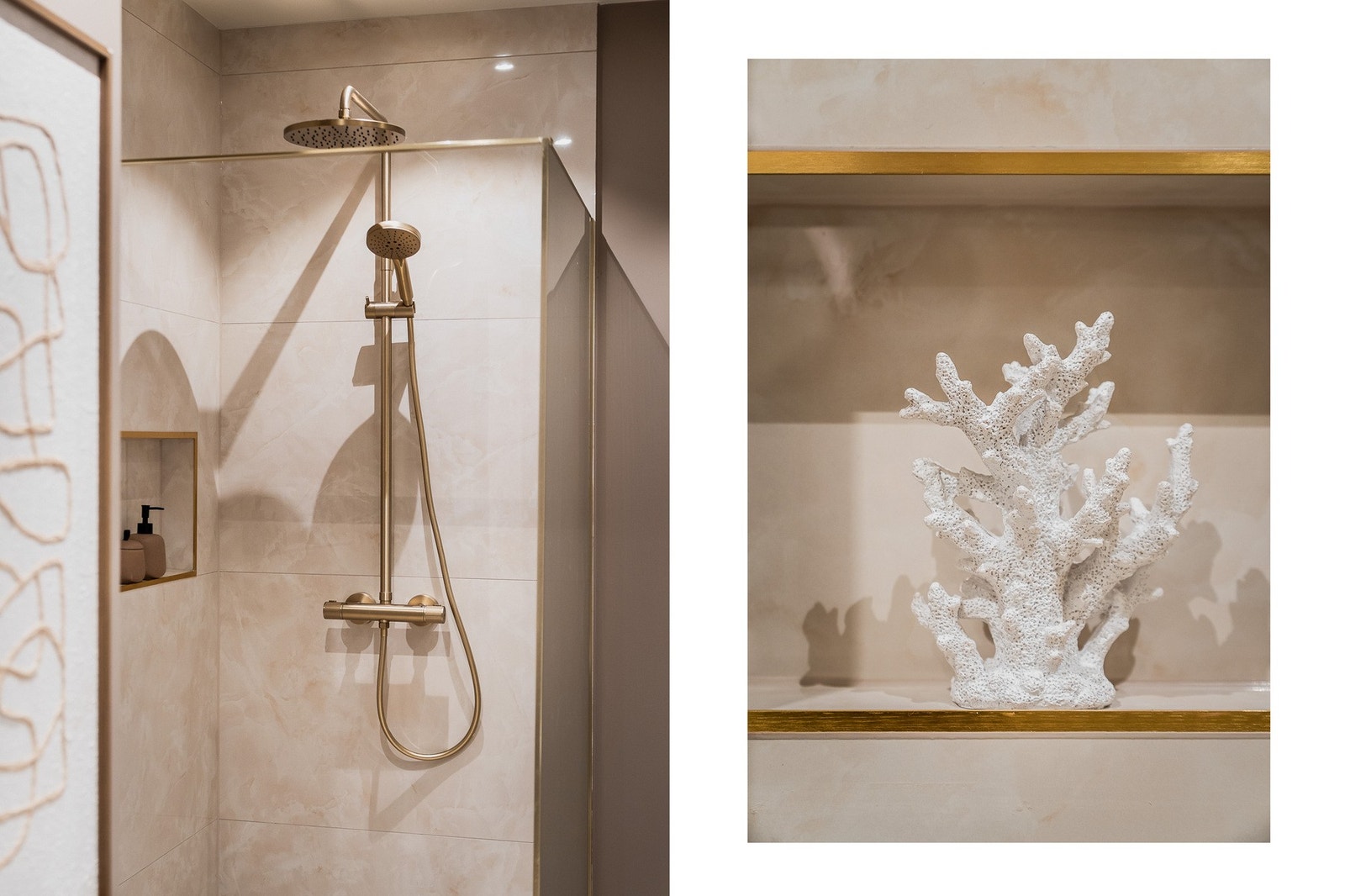 Romslig dusjsone med regnfallsdusj, nisje for produkter og helhetlige overflater i dempede jordtoner. Galleribilde