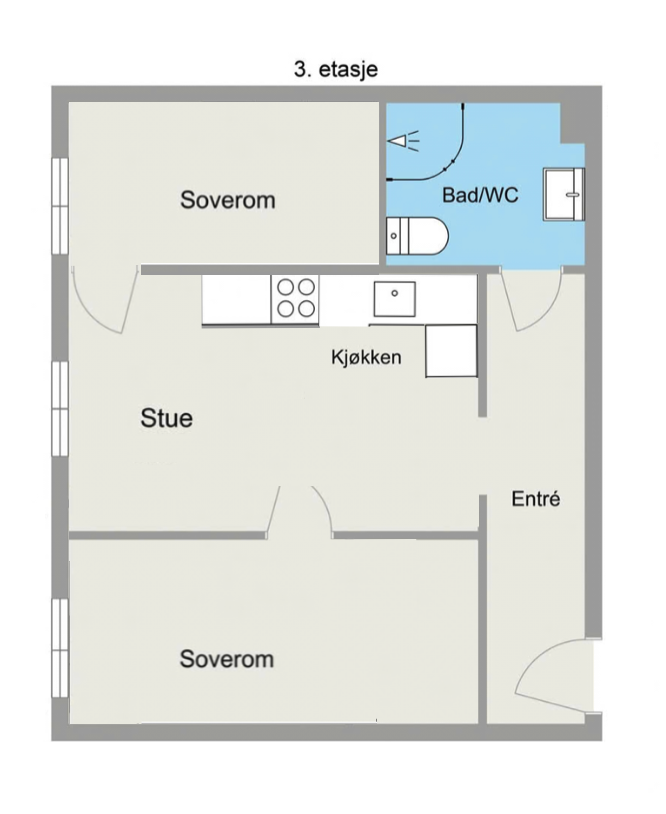 Plantegning som viser leilighetens planløsning med to soverom og stue/kjøkken. Galleribilde