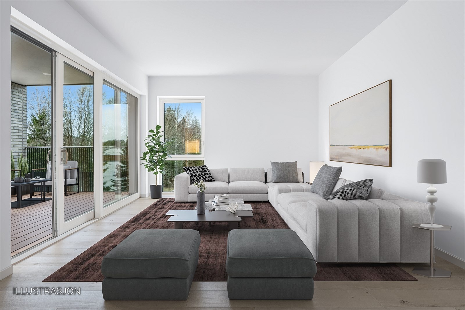 Stuen har fin størrelse og de store vindusflatene slipper inn godt med naturlig lys som gir rommet en fin atmosfære. Utgang til balkong. Galleribilde