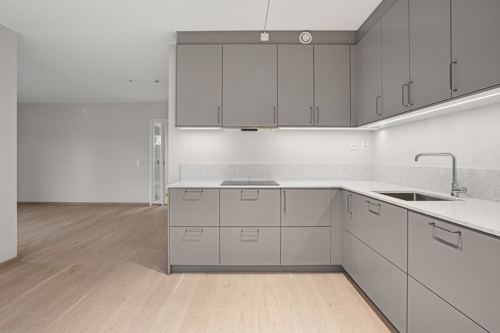 Det er LED-belysning under overskap, og stikkontakt over kjøkkenbenken. Galleribilde