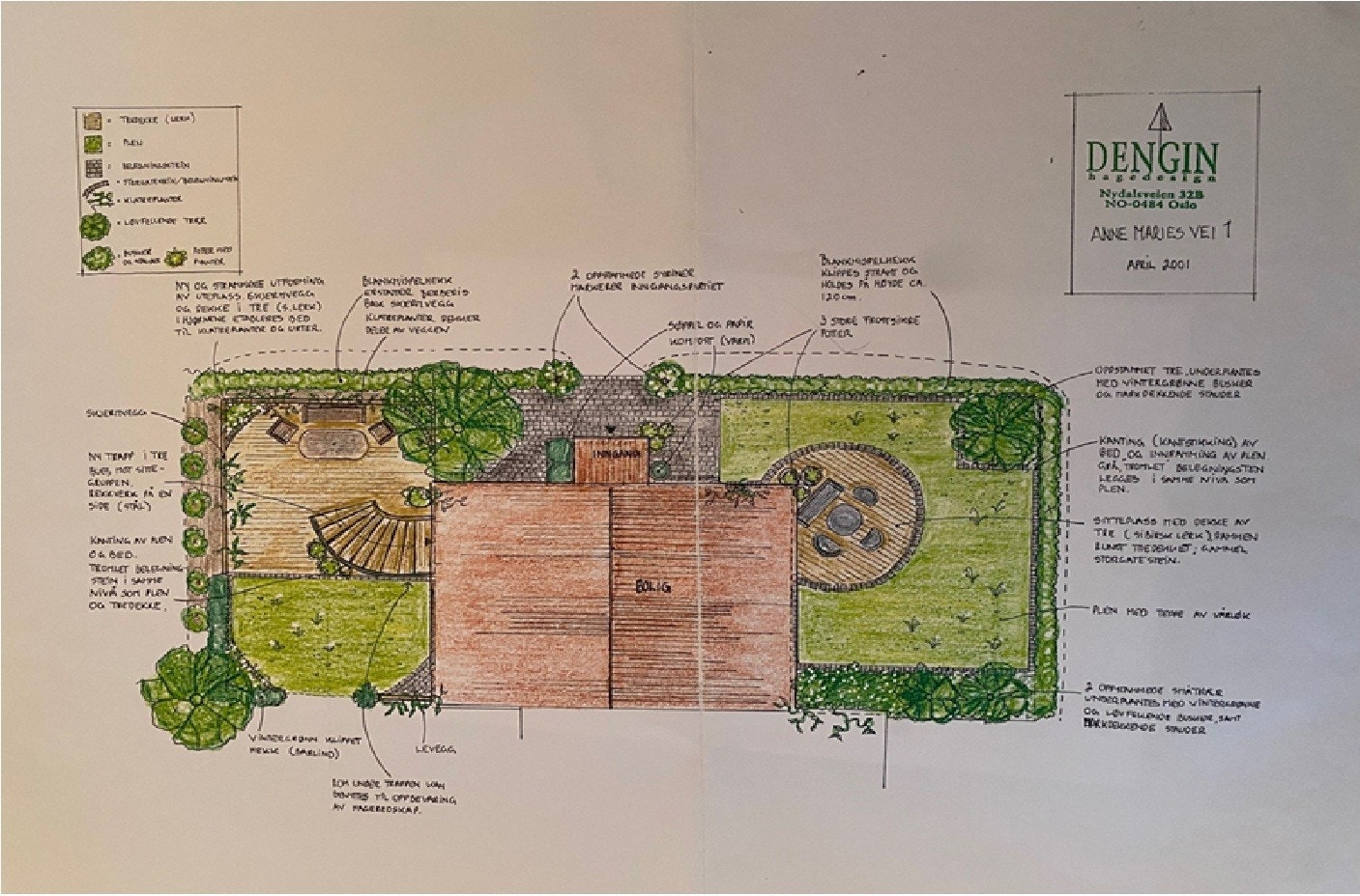 Hageplan utarbeidet av Yvonne Dengin, en av landets mest profilerte hagedesignere. Siden selger etablerte hagen er det byttet trapp, erstattet gress i bakhagen med elvegrus og satt opp plantekasser mot naboen. Galleribilde