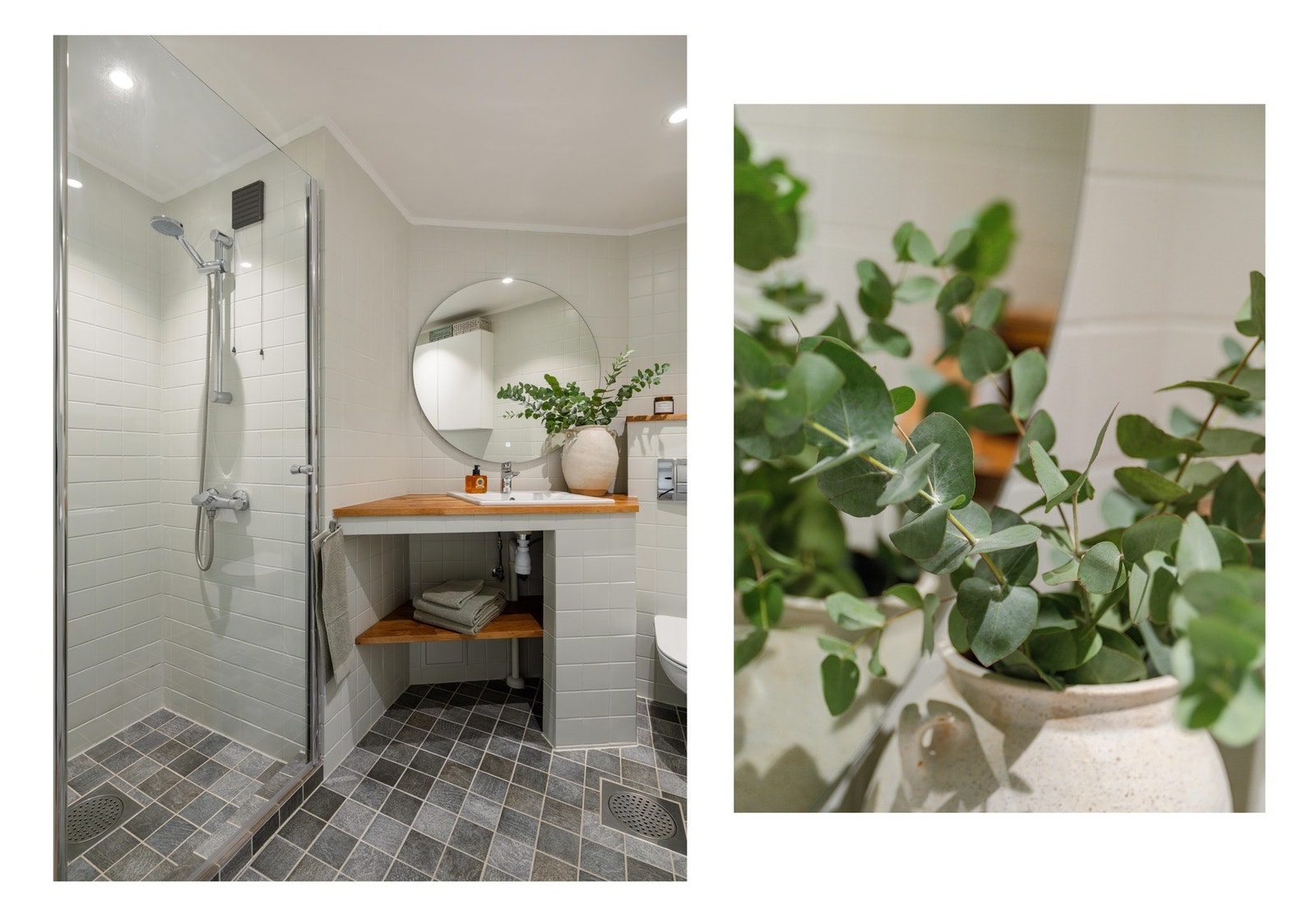 Det består av vegghengt toalett, dusjnisjé, servant og downlights i himling. Galleribilde