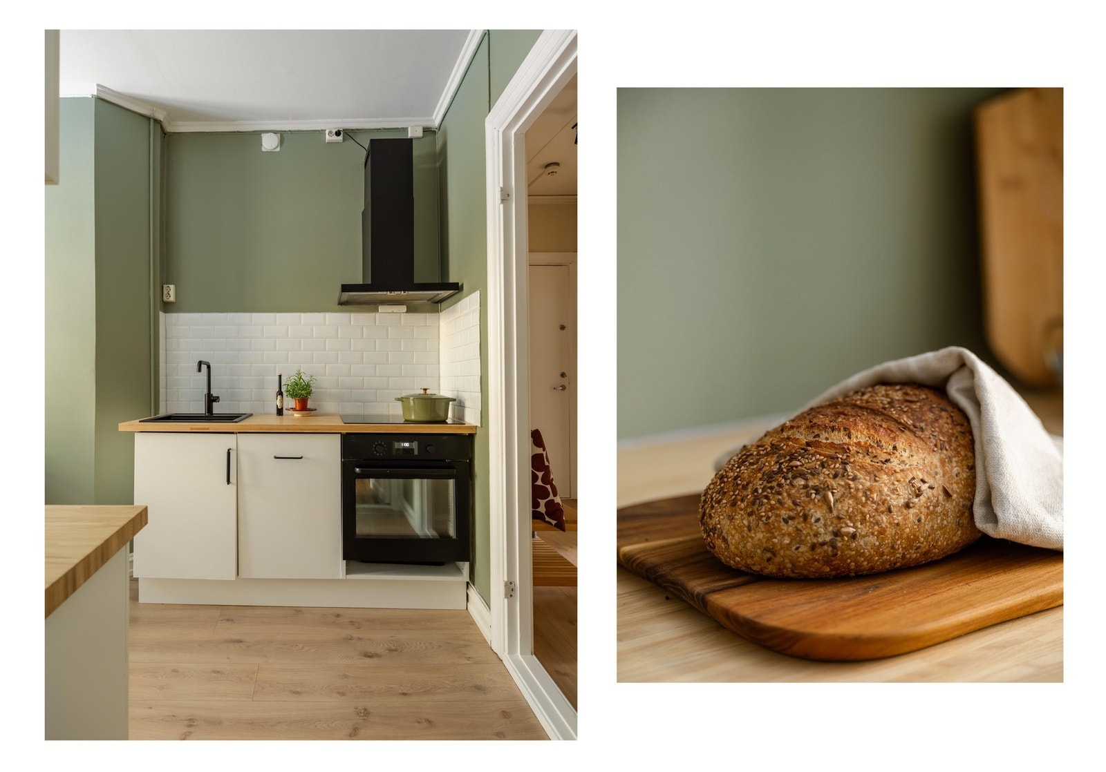 Innredningen består av slette fronter, heltre benkeplate, oppvaskkum, stekeovn, platetopp, oppvaskmaskin og frittstående kjøleskap med frysedel. Galleribilde