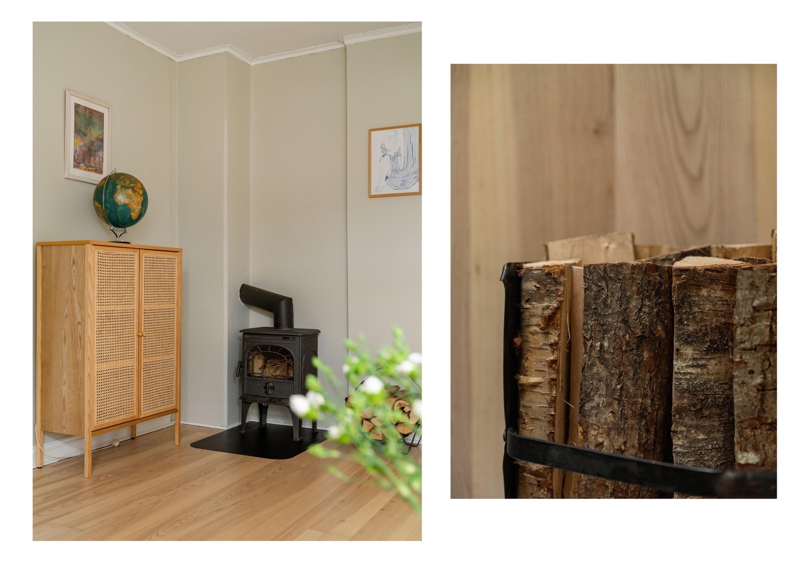 I stuens hjørnet finner vi en klassisk peisovn, som varmer godt i vinterhalvåret. Det ble for øvrig gjort utbedring av pipeløp i regi av borettslaget 2012-2018. Galleribilde