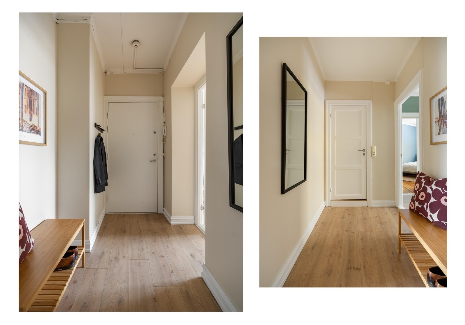 Leilighetens entré binder rommene fint sammen og gir et godt førsteinntrykk. Her er det plass til å henge fra seg yttertøyet. Galleribilde