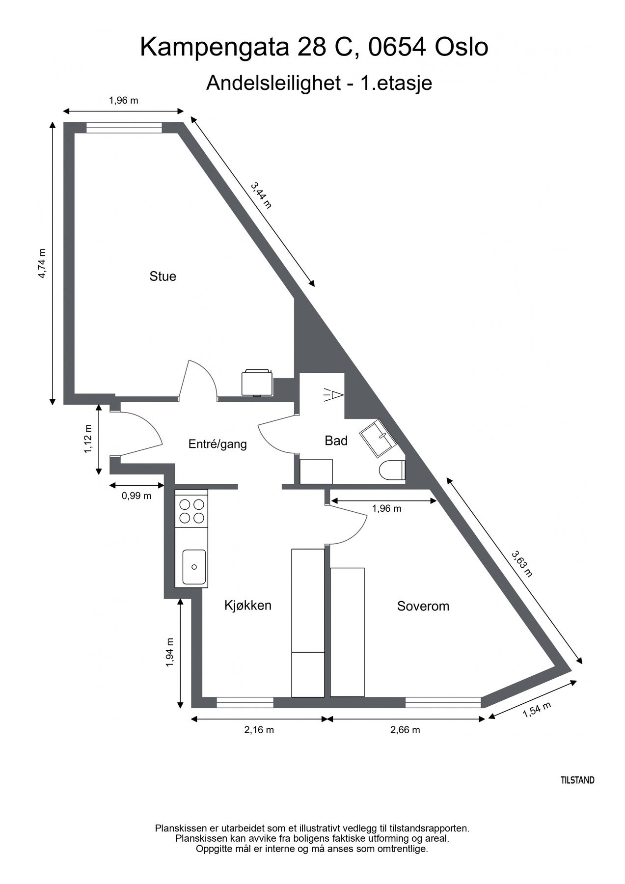 Før vi blar videre ser vi nærmere på leilighetens planskisse. I tillegg til innvendige arealer disponerer boligen 2 boder, målt til totalt 8 kvm. Galleribilde