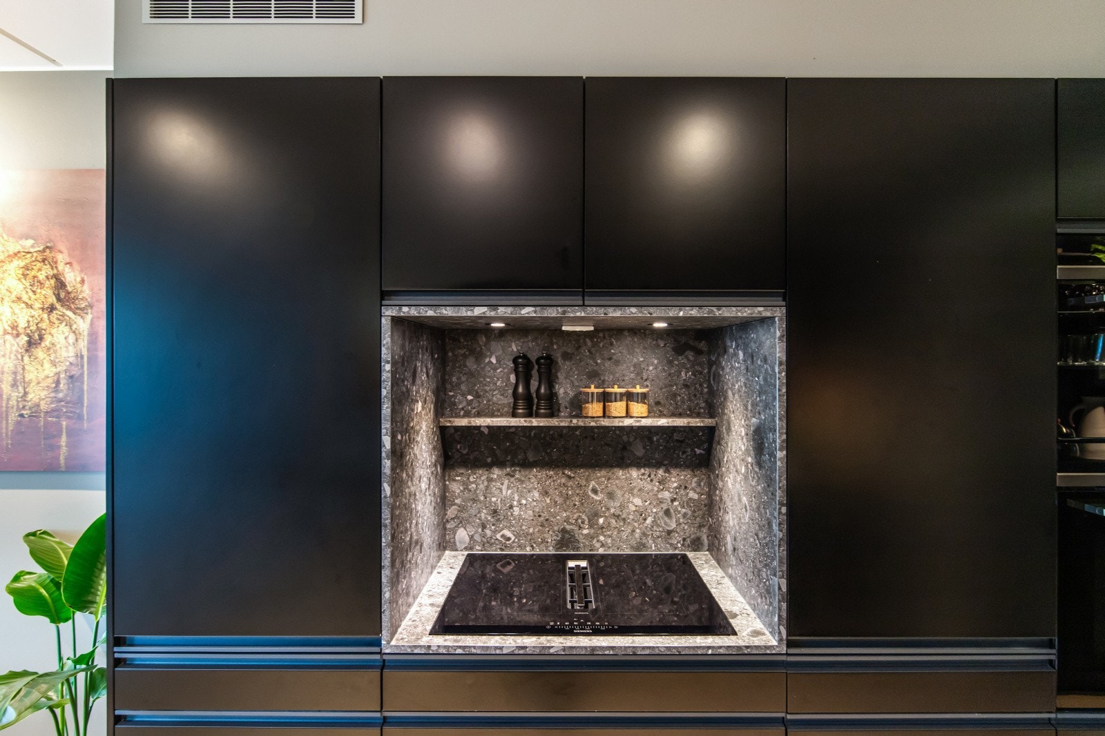 I nisjen med kokesone er det plassbygd krydderhylle og en nedfelt induksjonstopp med innebygd kullfilterventilator. Galleribilde