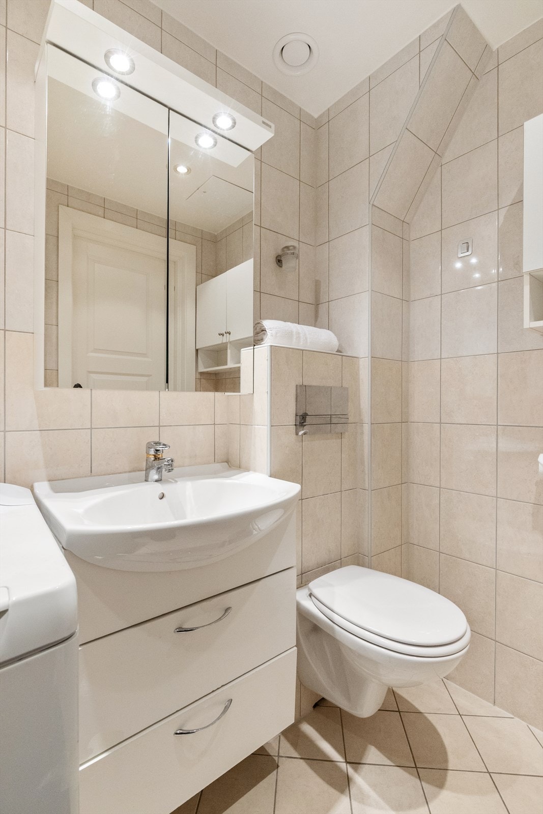 Baderomsinnredningen består av underskap med servant, speil med belysning over, vegghengt klosett og dusj på gulv med innfellbare dører i glass. Galleribilde