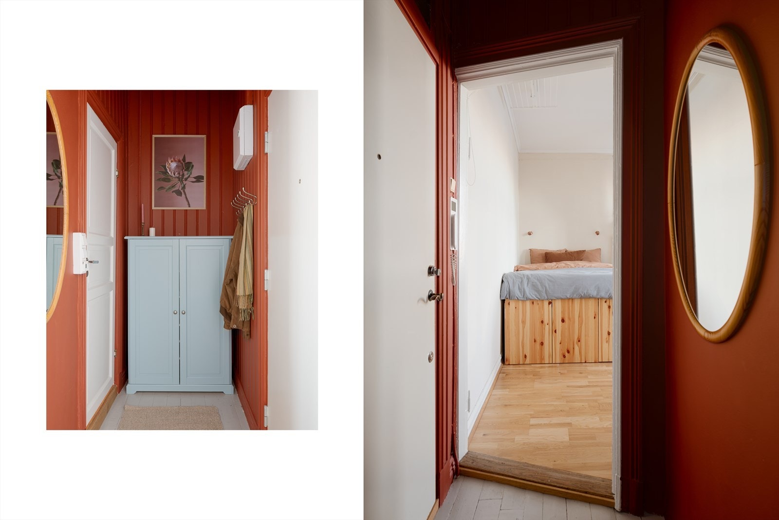 Innbydende entré med malte, originale tregulv og panel på veggene. Den gjennomtenkte fargebruken bidrar til en lun og varm atmosfære i leiligheten. Galleribilde