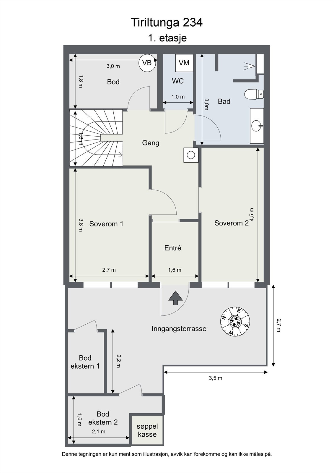 Første etasje har en praktisk planløsning med entré, to soverom, bad og separat wc. Galleribilde