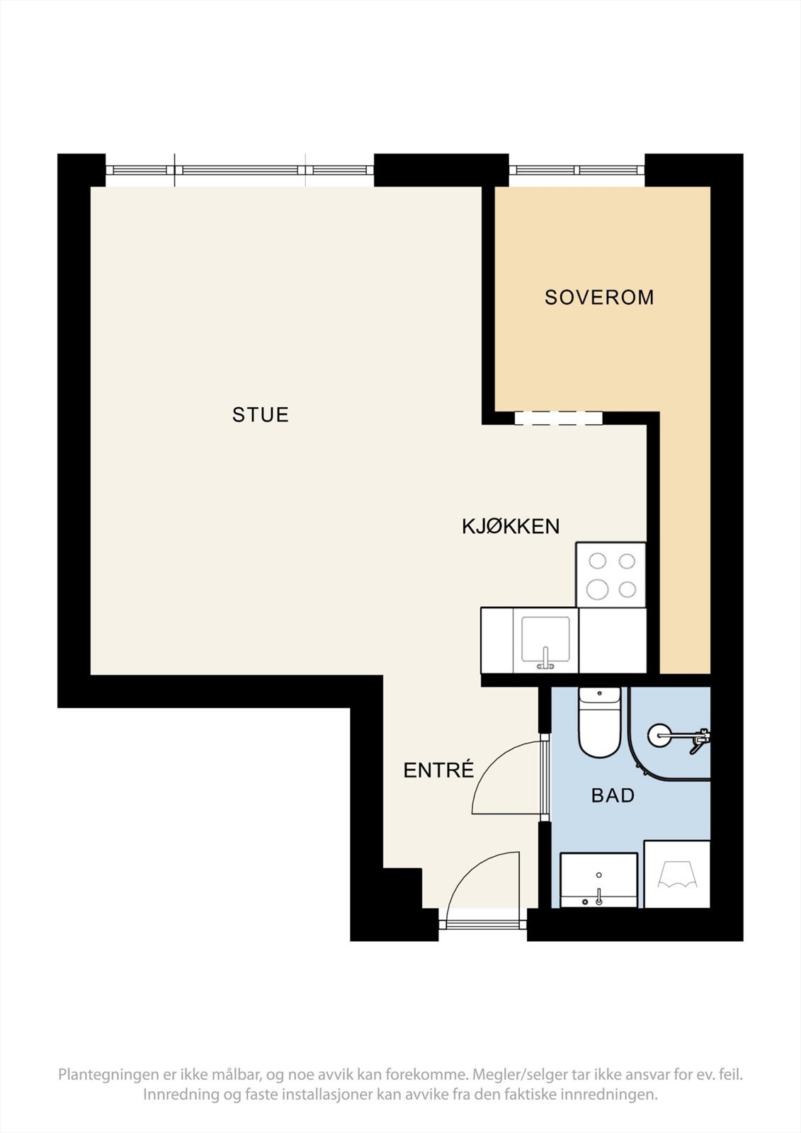 Plantegning (Obs. Et lite avvik i plantegningen - rom omtalt som soverom i tegningen er en alkove, og veggen på høyre side bak kjøkken stopper ca. ved stekeovnen) Galleribilde