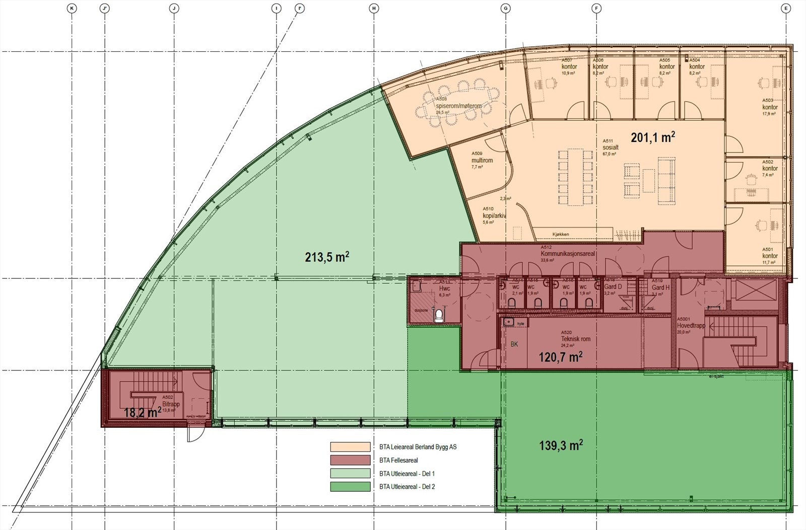 Plantegning. Ledige arealer er markert med grønn farge. Arealene på tegning er eksklusive og ikke inklusiv andel av fellesareal.
