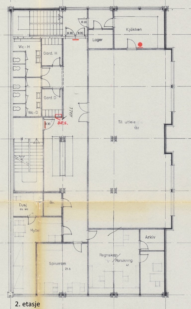 Original plantegning 2. etasje (romdeling samsvarer ikke med dagens romløsning) Galleribilde