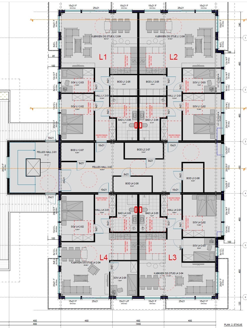 Prosjekttegning 2. etasje leiligheter (ikke omsøkt) Galleribilde