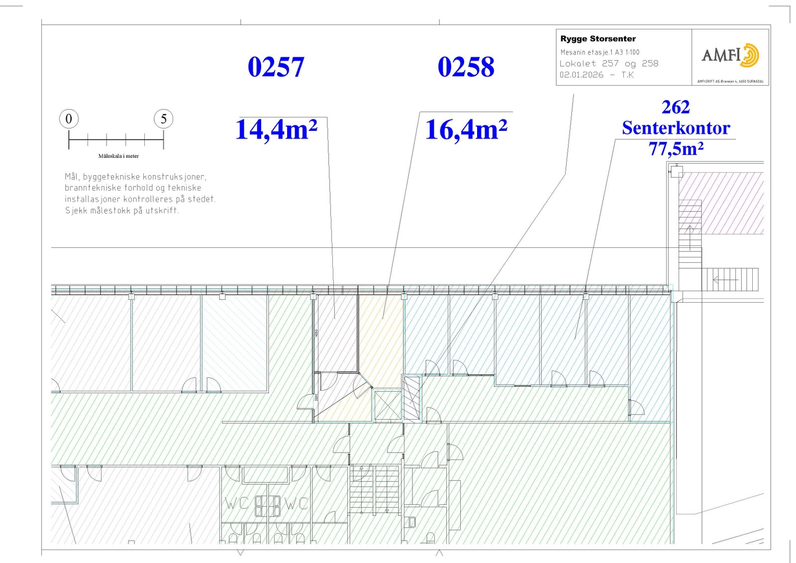 Planløsning for etasjen og de ledige kontorene 257 og 258. Galleribilde