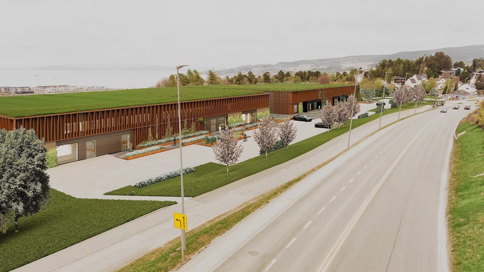 Illustrasjon av prosjektet som viser potensiell "salgs arealer" for litt mer utadrettet virksomhet mot Jakobsli/Kochhaugvegen. Galleribilde