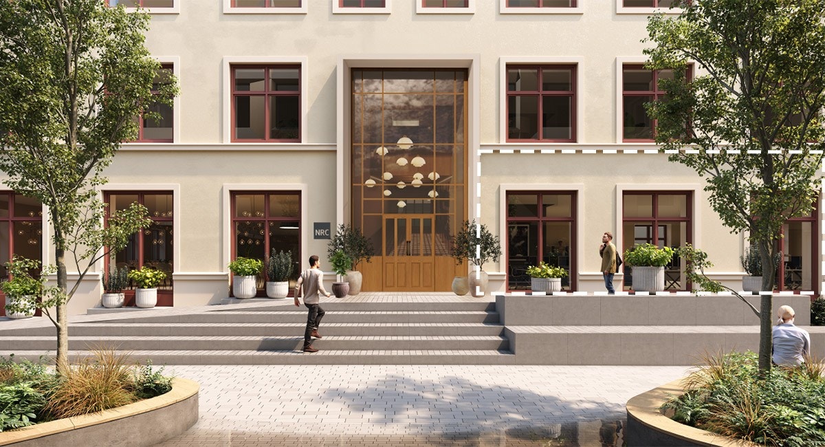 Serveringslokalet på 284 kvm BTA i Drivhuset ligger til høyre for kontorinngangen (se markert med hvitstiplet linje på illustrasjonen) Galleribilde