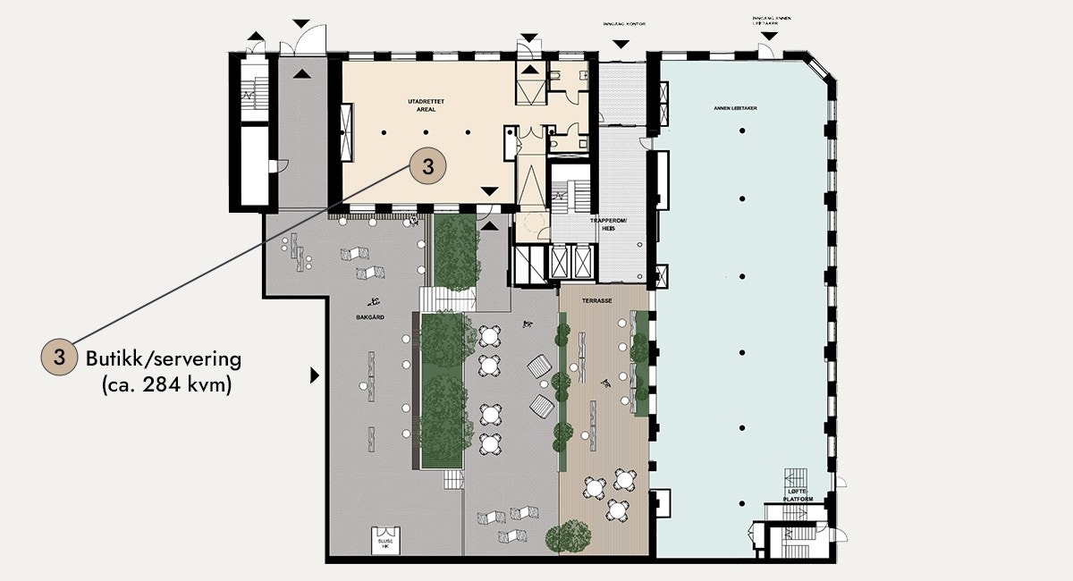 Illustrasjonsplan som viser serveringslokalet på 284 kvm BTA i Drivhuset Galleribilde